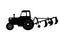 Black silhouette of tractor with plow. Farm machine. Side view. Isolated industrial drawing.