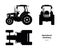 Black silhouette of tractor. Side, front, top view of agriculture machinery. Farming vehicle. Industry isolated drawing