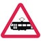 Black silhouette of tram at red triangle frame, vector icon, traffic sign