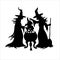 Black silhouette of two witches with a cauldron. Halloween vector clipart