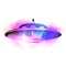 Black silhouette of a UFO with neon colorful paint stroke. Flying saucer. Unknown flying object. Vector object