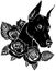 black silhouette of vector Dobermann dog face with red roses