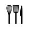 Black silhouette vector whisk, spatula and knife icon set.