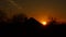 Black silhouette of a village house and trees at dark sunset. Round sun in orange sky in evening