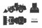 Black silhouette of wheel loader on white background. Top, side and front view. Diesel digger blueprint