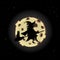 Black silhouette of witch on broom with cat flying on night sky background with full yellow moon