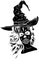 black silhouette of witch with long hair wearing traditional hat - halloween sorceress costume black and white vector