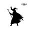 Black silhouette of wizard with hat and staff on white background.Isolated image of fantasy magician