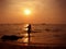 Black silhouette of woman walking on  beach as sun sets over sea.  Observing sunset on  beach