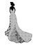 Black silhouette of young girl in wedding or evening long lace dress with train standing she stands with her back to the viewer fa