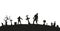 Black silhouette of zombies on cemetery background. Nightmare landscape with dead people. Panorama of undead monster