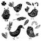 Black silhouettes bird and flower doodle set