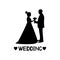 Black silhouettes of the bride and groom, hearts and word Weddin