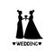 Black silhouettes of the brides, hearts and word Wedding. Same-sex marriage.