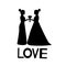 Black silhouettes of the brides and word Love. Same-sex marriage