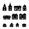 Black silhouettes of christmas houses on white background. Isolated icons. Village panorama. Cityscape elements