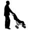 Black silhouettes father with pram on white background. Vector illustration