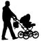 Black silhouettes father with pram on white background. Vector illustration