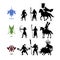 Black silhouettes games characters. Elfs, orcs and humans warrior. Fantasy knights. Icon of medieval units