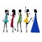 Black silhouettes of models on the catwalk in dresses of different styles and color. vector