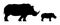 Black silhouettes of rhinoceros and calf