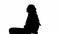 Black silhouettes of thief and victim on white isolated background. Girl sitting on chair tied hands and taped mouth man