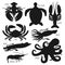 Black silhouettes of underwater ocean animals