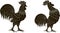 Black silhouettes with white ornaments of a rooster stands and the rooster crows