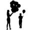 Black silhouettes of woman gives child a balloon. Vector illustration