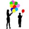 Black silhouettes of woman gives child a balloon. Vector illustration