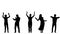 Black silhouettes of a young woman and man dancing, waving and clapping. 5 in 1 Collage full length on white background