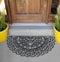 Black Silver Semi - Circle Round Rubber Doormat with yellow flowers and green leaves