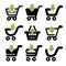 Black simple shopping cart, trolley with green arrow, item