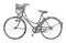 Black sketch of an old bicycle with basket on white background f