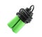 Black skipping rope on white background, top view. Sports equipment