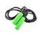 Black skipping rope on white background, top view. Sports equipment