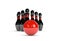 Black skittles with red bowling ball