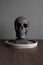 Black skull on a concrete stand, tray. Bust of the skull. Beautiful home decor for the interior.