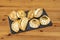 Black slate tray with puff pastry empanadas of various flavors made with Argentine stew recipes