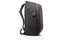 black sleek camera backpack, side profile on white