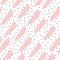 Black small dots and pink brush strokes on white background. Abstract seamless pattern.