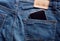 Black smartphone in the back pocket of an indigo vintage blue jean