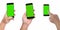 A black smartphone with a green screen is held in the left hand. Place your phone on a white background and poke your index finger
