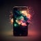 Black smartphone screen and shots of colorful fireworks. New Year\\\'s fun and festiv