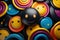 a black smiley face surrounded by colorful buttons