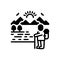 Black solid icon for Adventure, sun rise and mountain