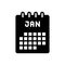 Black solid icon for January, annual and date