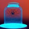 Black Spider with web trapped in backlit glass jar with copy space generative ai illustration