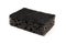 Black sponge used for washing dishes. Has two surfaces which are rough and smooth