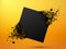 Black square with debris on yellow background. Abstract black explosion.